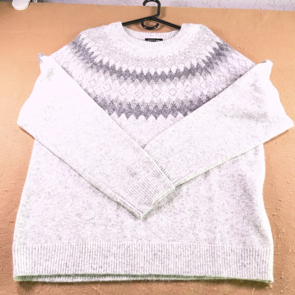Express Mens Fair Isle Crew Neck Sweater Grey White Wool Blend Size L NEW